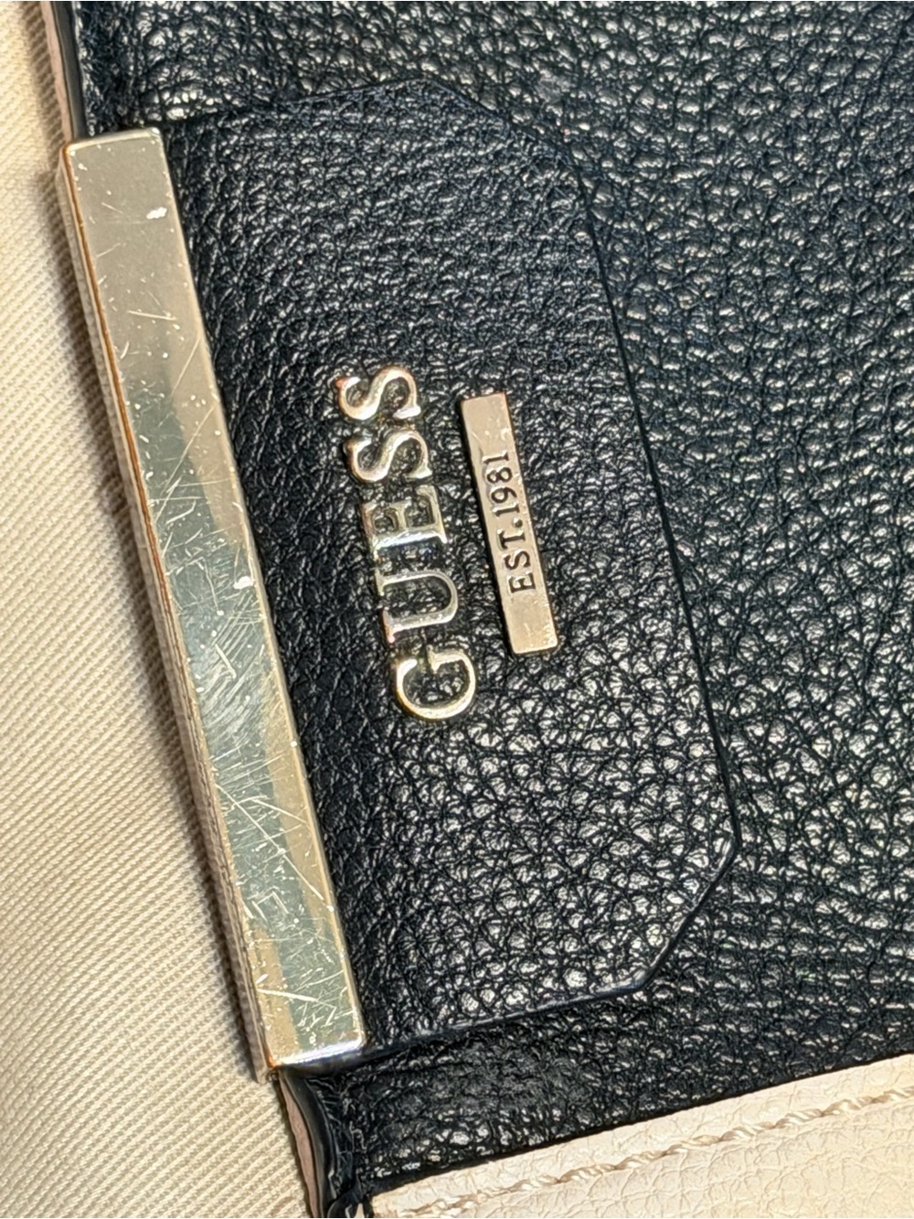 GUESS Ryann Satchel Colorblock Crossbody Handbag Beige Black Cream - Picture 12 of 16